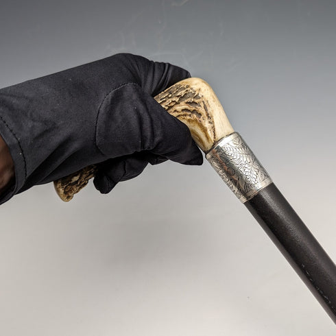 1890 British Antique Men's Cane L-shaped Antler Handle Sterling Silver Decoration Black Shaft 91cm